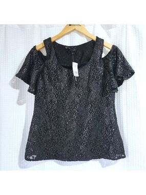 Le Chateau Womens Size Small Black Floral Lace Cold Shoulder Flutter Top NWT